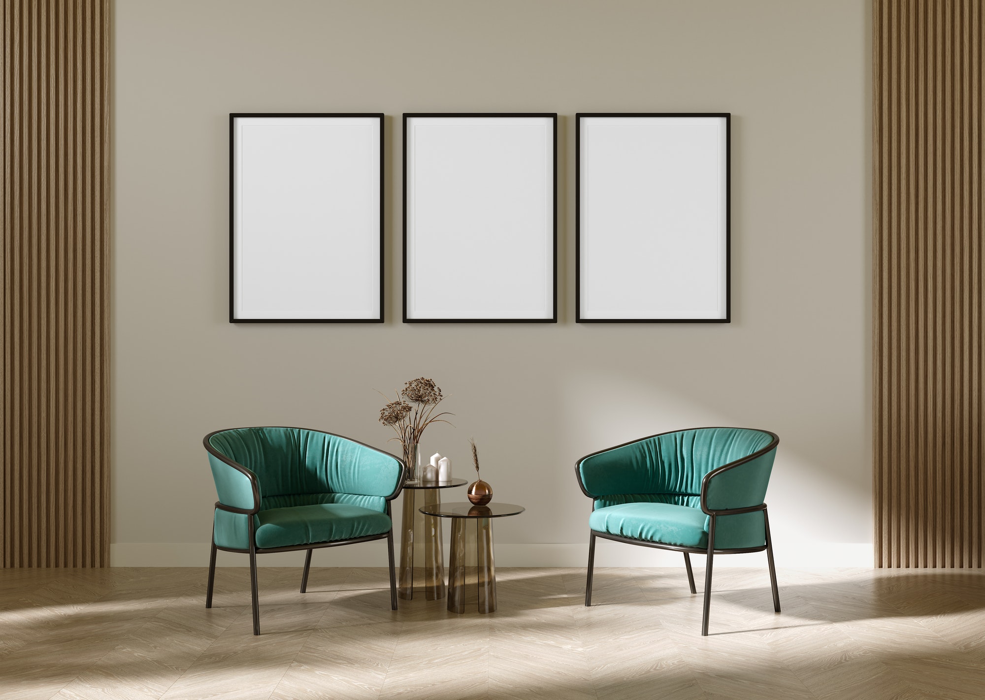 Mockup poster three frame with two green armchairs, home decoration and wooden panel